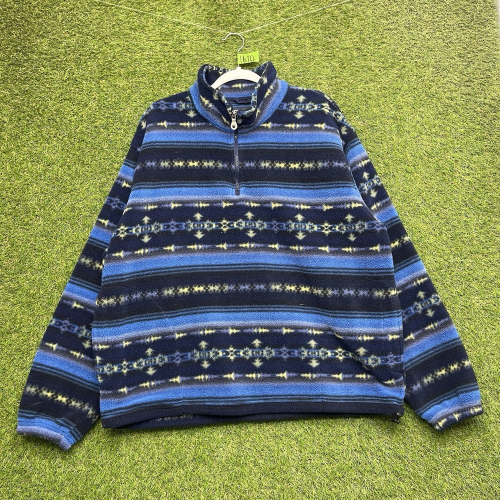 Lands End Sherpa Sweater Womens Large L Blue 1/4 Zip Snowflake Aztec Pattern - Picture 1 of 9